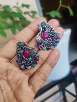 Stone Work German Silver Peacock Stud Earrings | Traditional Ethnic Jewelry for Women and Girls