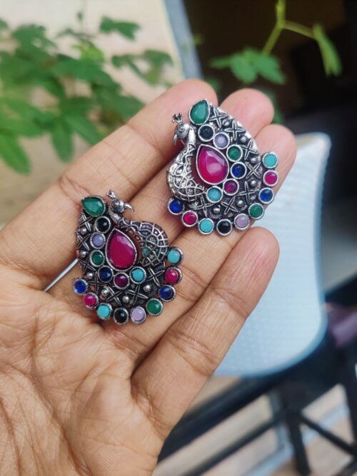 Stone Work German Silver Peacock Stud Earrings | Traditional Ethnic Jewelry for Women and Girls
