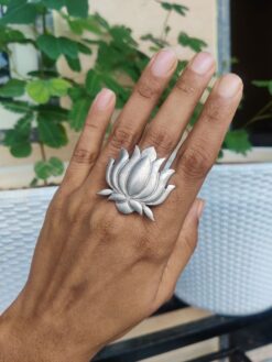 German Silver Lotus Design Adjustable Ring | Traditional Ethnic Jewelry for Women and Girls