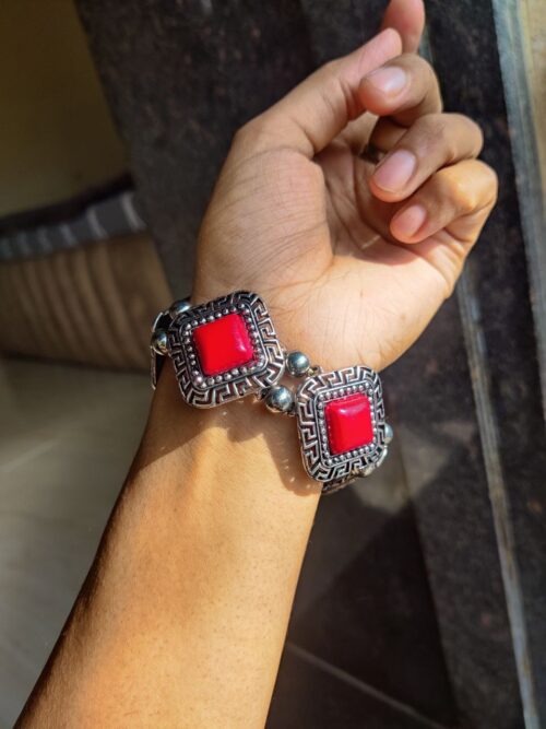 Oxidised Adjustable Bracelet with Red Stone ? Stylish Ethnic Jewelry for Women - Image 2