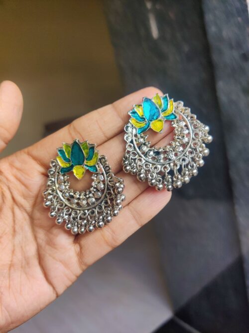 Oxidised German Silver Lotus Meenakari Stud Earrings ? Elegant Ethnic Jewelry for Women