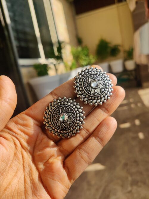 Oxidised Lotus Design Round Stud Earrings for Girls | Stylish Ethnic Jewelry