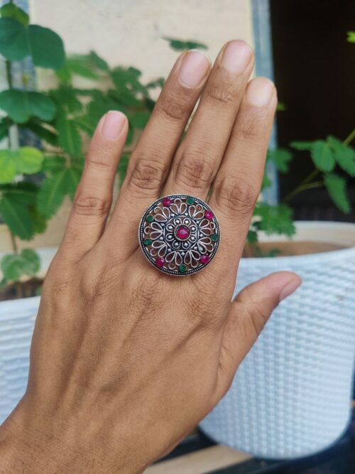 Oxidised Round Shape Adjustable Ring | Traditional Ethnic Finger Jewelry for Women and Girls