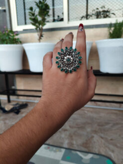 Exquisite Oxidised Stone Work Round Adjustable Ring | Stylish Ethnic Jewelry for Women