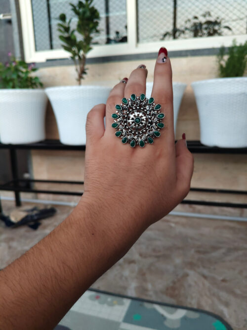 Exquisite Oxidised Stone Work Round Adjustable Ring | Stylish Ethnic Jewelry for Women