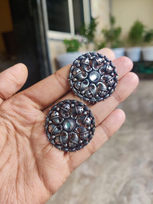 Oxidised Peacock Design Round Stud Earrings For Girls
