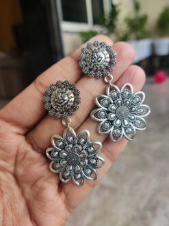 Oxidised Flower Design German Silver Dangler Earrings Stylish Ethnic Jewelry for Women