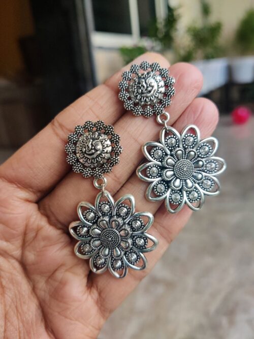Oxidised Flower Design German Silver Dangler Earrings Stylish Ethnic Jewelry for Women