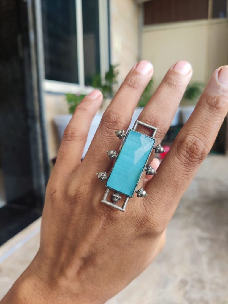 Oxidised Monalisa Stone Adjustable Ring ? Stylish Ethnic Jewelry for Women