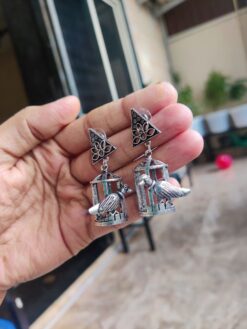 Oxidised Silver Plated Bird Cage Earrings | Stylish Ethnic Jewelry for Women