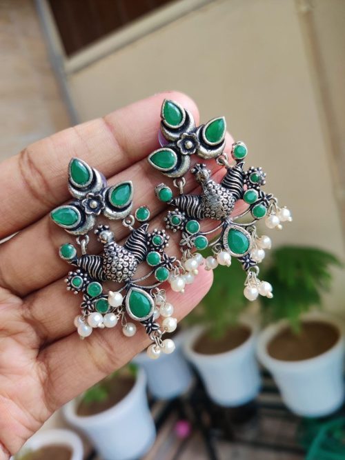 Beautiful Peacock Earrings in Silver Replica Design | Traditional Oxidized Jewelry for Women, Girls and Festive Wear
