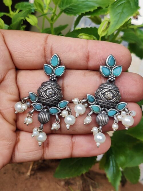 Elegant Oxidised Stone Kalash Earrings | Silver Replica Ethnic Jewelry for Women