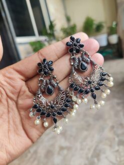Oxidised Silver Plated Peacock Design Stone Work Earrings For Girls