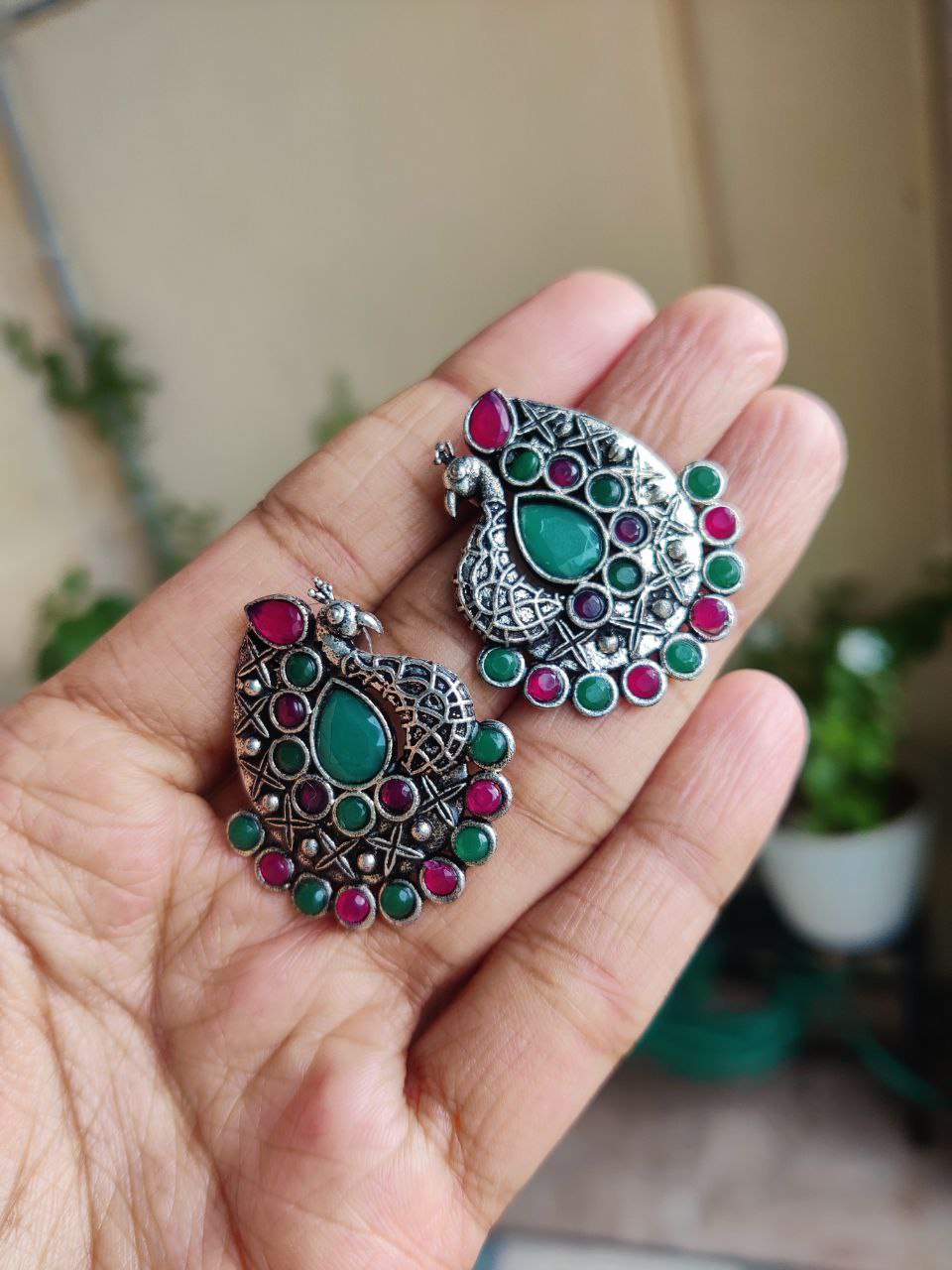 Unique Peacock Stone Stud Earrings | Silver Replica Oxidized Jewelry for Women and Girls in Stylish Design 1 Unique Peacock Stone Stud Earrings | Silver Replica Oxidized Jewelry for Women and Girls in Stylish Design