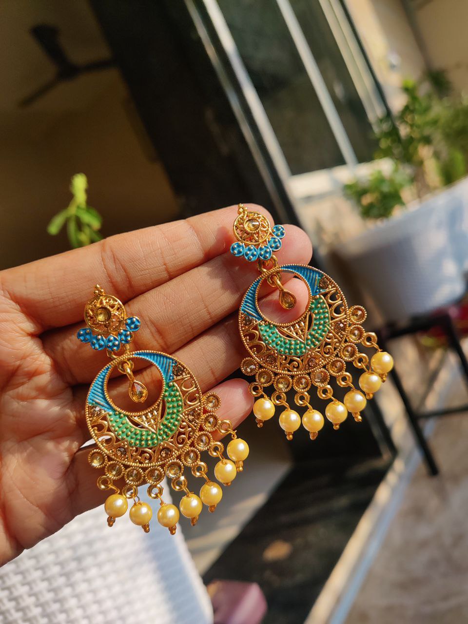 Gold Plated Matt Meena Chandbali | Traditional Ethnic Earrings for Women 2 Gold Plated Matt Meena Chandbali | Traditional Ethnic Earrings for Women - Image 2