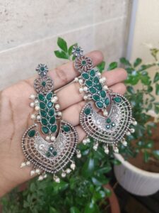 Elegant Silver Replica Chandbali | Oxidised Stylish Jewelry for Women - Color: "Green"