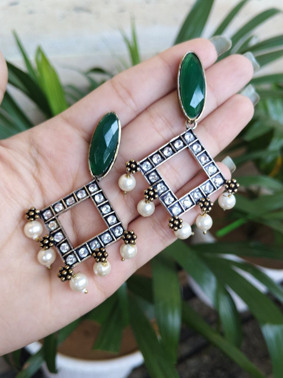 Two Tone Oxidized Dangler Earrings With Beautiful Pearl And Stone Work Design 1 Two Tone Oxidized Dangler Earrings With Beautiful Pearl And Stone Work Design