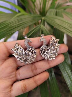 Silver Plated Peacock Stud Earrings With Elegant Traditional Design