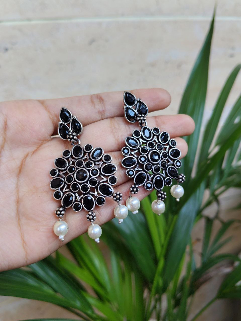 Oxidized Silver Plated Dangler Earrings With Beautiful Pearl And Stone Work Design 1 Oxidized Silver Plated Dangler Earrings With Beautiful Pearl And Stone Work Design