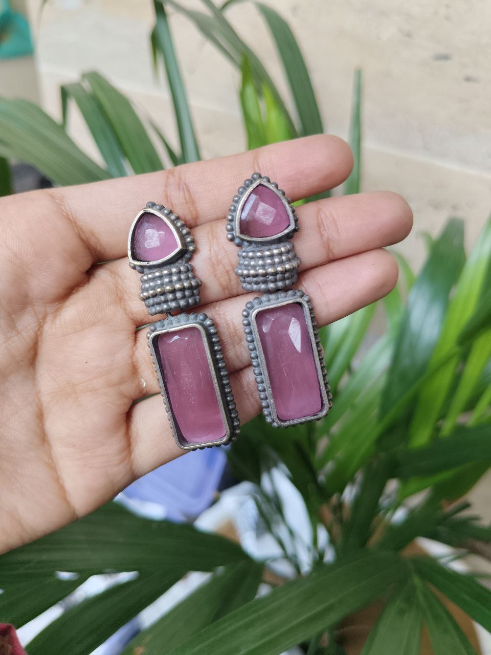 Elegant Oxidised Monalisa Stone Dangler Earrings | Silver Replica Stylish Jewelry 1 Elegant Oxidised Monalisa Stone Dangler Earrings | Silver Replica Stylish Jewelry