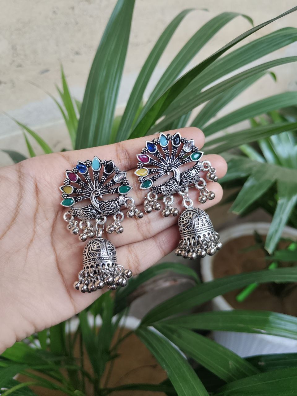 Peacock Design Stone Work Jhumka Dangler Earrings With Traditional Ghungroo Detailing 1 Peacock Design Stone Work Jhumka Dangler Earrings With Traditional Ghungroo Detailing