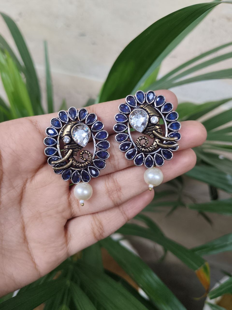 Two Tone Oxidized Elephant Design Earrings With Intricate Stone Work Detailing 1 Two Tone Oxidized Elephant Design Earrings With Intricate Stone Work Detailing