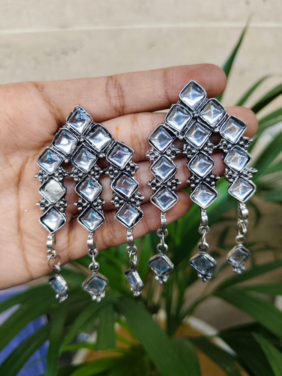 Oxidized German Silver Earrings With Elegant Stone Work Design 1 Oxidized German Silver Earrings With Elegant Stone Work Design