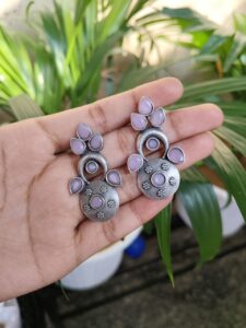 Elegant Silver Replica Oxidised Stud Earrings | Stylish Daily Wear Jewelry - Color: "Babypink"