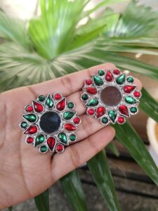 Oxidized German Silver Stone Stud Earrings With Elegant Traditional Design