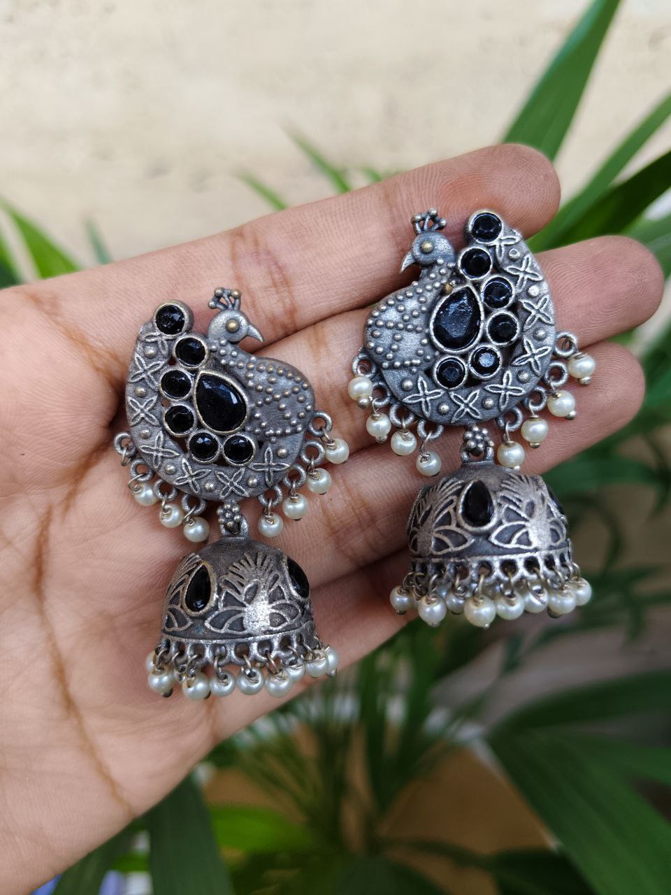 Oxidized Peacock Jhumka Earrings With Elegant Pearl Work Detailing 1 Oxidized Peacock Jhumka Earrings With Elegant Pearl Work Detailing