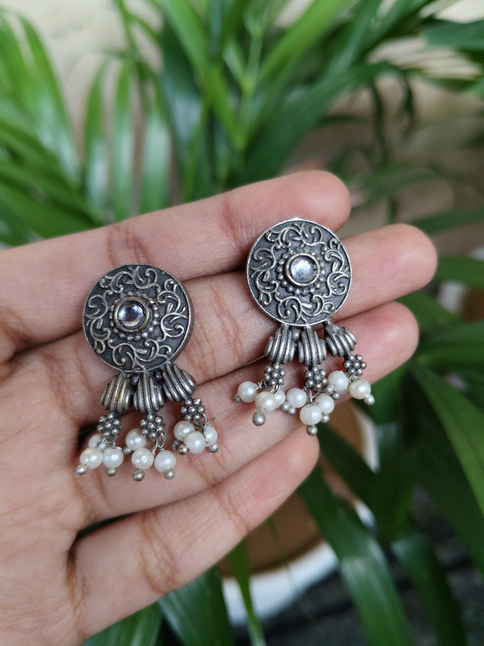 Oxidized Stud Earrings With Elegant Stone And Pearl Work Design 2 Oxidized Stud Earrings With Elegant Stone And Pearl Work Design - Image 2