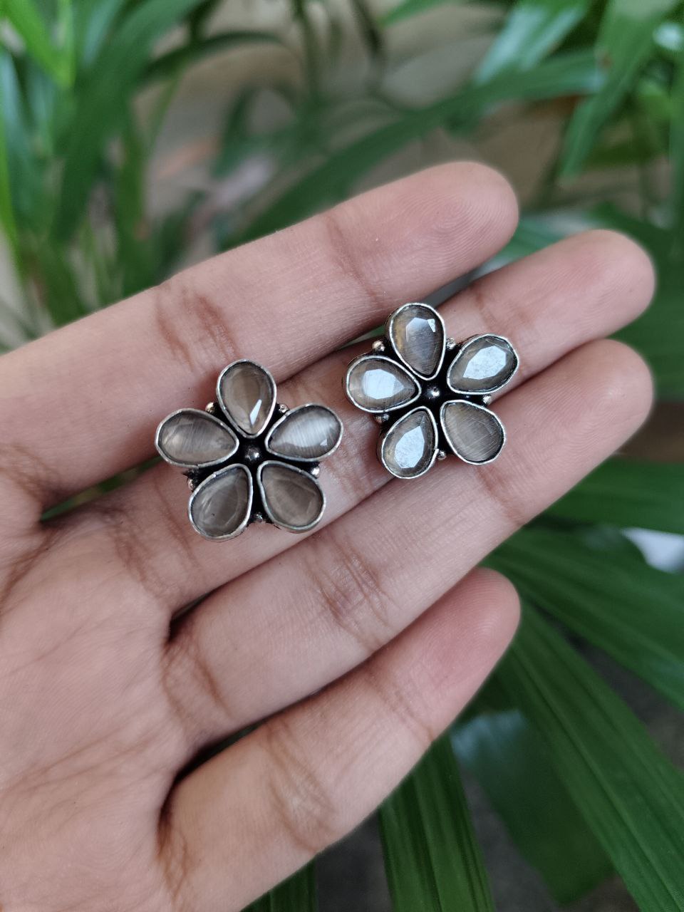 Elegant Silver Plated Oxidized Flower Stud Earrings with Beautiful Stone Work Design 1 Elegant Silver Plated Oxidized Flower Stud Earrings with Beautiful Stone Work Design