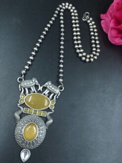 Monalisa Stone Elephant Pendant Necklace Silver Replica Long Chain