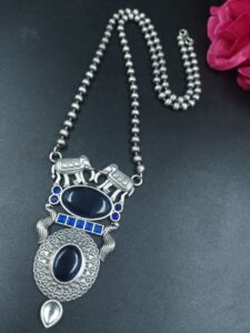 Monalisa Stone Elephant Pendant Necklace | Silver Replica Long Chain Best Jewelry - color: "Blue"