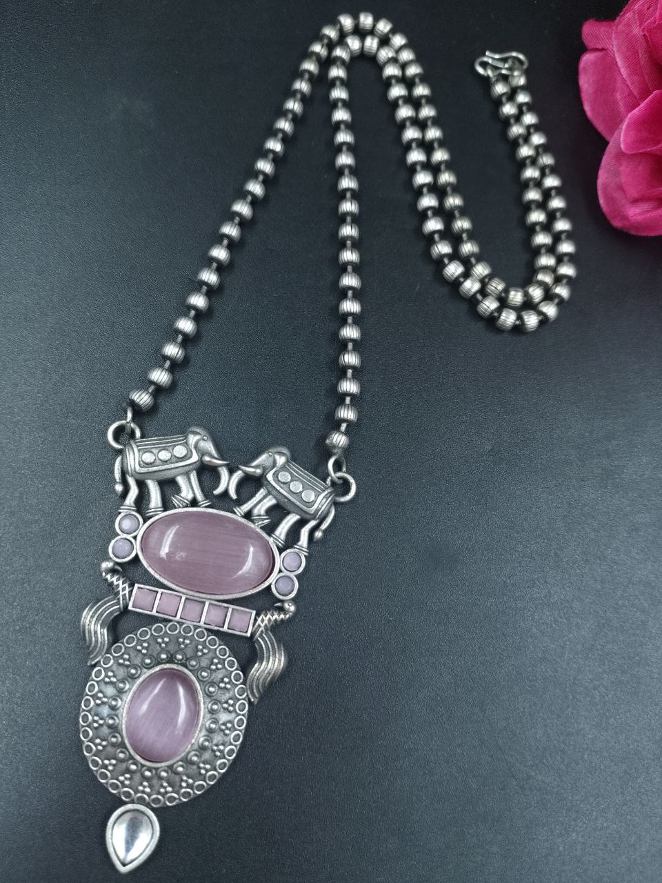 Monalisa Stone Elephant Pendant Necklace | Silver Replica Long Chain Best Jewelry 2 Monalisa Stone Elephant Pendant Silver Replica Long Chain Necklace