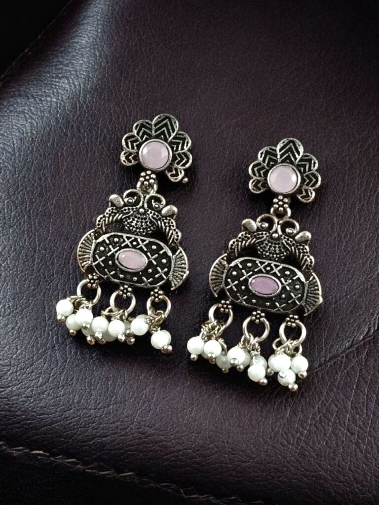 Handcrafted Peacock Earrings | Silver Replica Stone & Pearl Work Dangler Amazing Jewelry