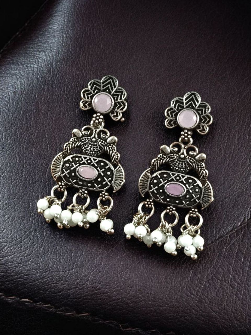 Handcrafted Peacock Earrings | Silver Replica Stone & Pearl Work Dangler Amazing Jewelry 1 Handcrafted Peacock Earrings with Stone & Pearl Work in Silver Replica