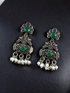 Handcrafted Peacock Earrings | Silver Replica Stone & Pearl Work Dangler Amazing Jewelry - color: "Green"