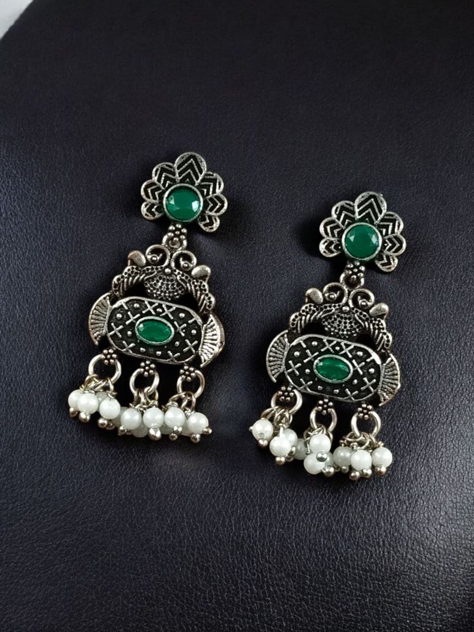 Handcrafted Peacock Earrings | Silver Replica Stone & Pearl Work Dangler Amazing Jewelry 2 Handcrafted Peacock Earrings with Stone & Pearl Work in Silver Replica