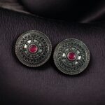 Bulk 164 Unique Round Stud Earrings | Ethnic Silver Replica Stone Oxidized Jewelry - "Red"