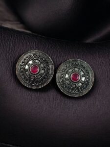 Unique Round Stud Earrings | Ethnic Silver Replica Stone Oxidized Jewelry - color: "Red"