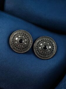 Unique Round Stud Earrings | Ethnic Silver Replica Stone Oxidized Jewelry - color: "Black"