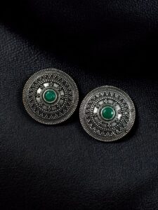 Unique Round Stud Earrings | Ethnic Silver Replica Stone Oxidized Jewelry - color: "Green"