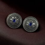 Bulk 168 Unique Round Stud Earrings | Ethnic Silver Replica Stone Oxidized Jewelry - "Blue"