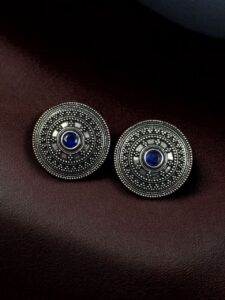 Unique Round Stud Earrings | Ethnic Silver Replica Stone Oxidized Jewelry - color: "Blue"