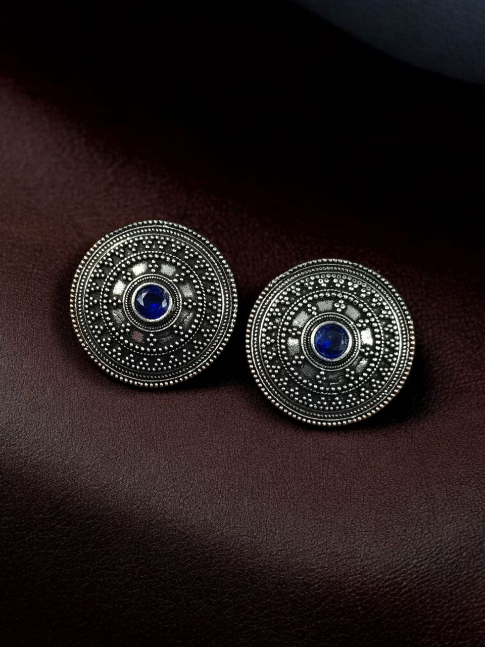 Unique Round Stud Earrings | Ethnic Silver Replica Stone Oxi Jewelry 2 Unique Round Silver Replica Stone Stud Earrings