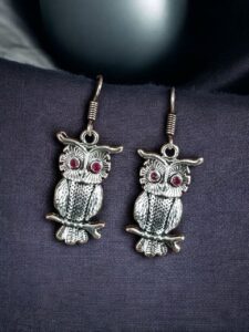 Trendy Owl Hook Earrings | German Silver Ethnic Dangler Stone Best Jewelry for Everyday Style - color: "Red"