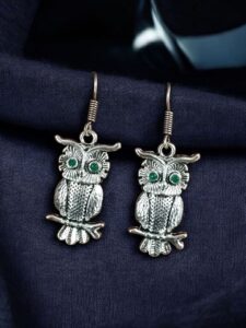 Trendy Owl Hook Earrings | German Silver Ethnic Dangler Stone Best Jewelry for Everyday Style - color: "Green"