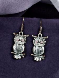 Trendy Owl Hook Earrings | German Silver Ethnic Dangler Stone Best Jewelry for Everyday Style - color: "Baby Pink"