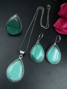 Elegant Drop Stone Necklace (Combo set) | Oxidized Ethnic Chain Beautiful Jewelry for Women - color: "Mint"